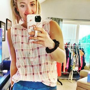 Pink/blue/white plaid button up tank